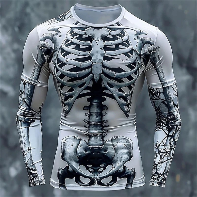 3D Print Skeleton Skulls Pattern T Shirts Men Long Sleeve Casual Fashion T-shirt Top Sweatshirt Breathable Streetwear Loose Tees