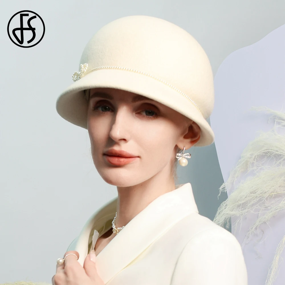 FS Elegant White Bowler Hats For Women With Chic Bowknot Wool Felt Cap Winter Fedoras Ladies Formal Dress Church Millinery 2025