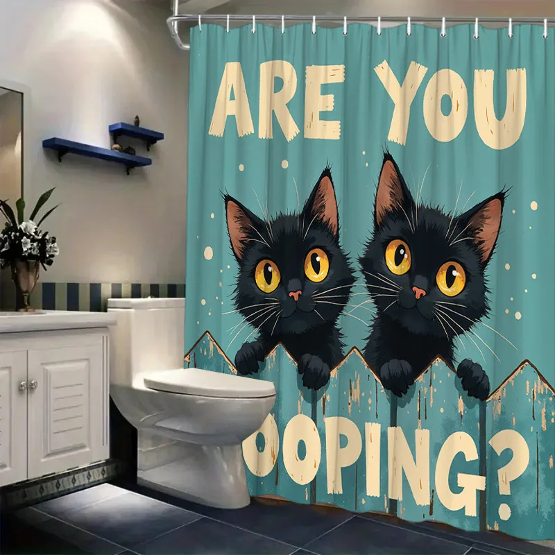 

Funny Black Cat Shower Curtain, Are You Pooping Quote, Cute Kitten Eyes Peeking, Novelty Bathroom Decor, Waterproof Polyester