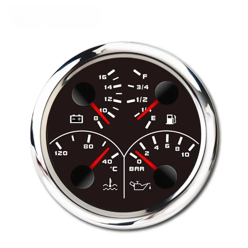 

85mm 4 in 1 Black Oil Pressure Fuel Level Meter Voltage Water Temperature Gauge Multifunction Gauge for Car Truck Automobile