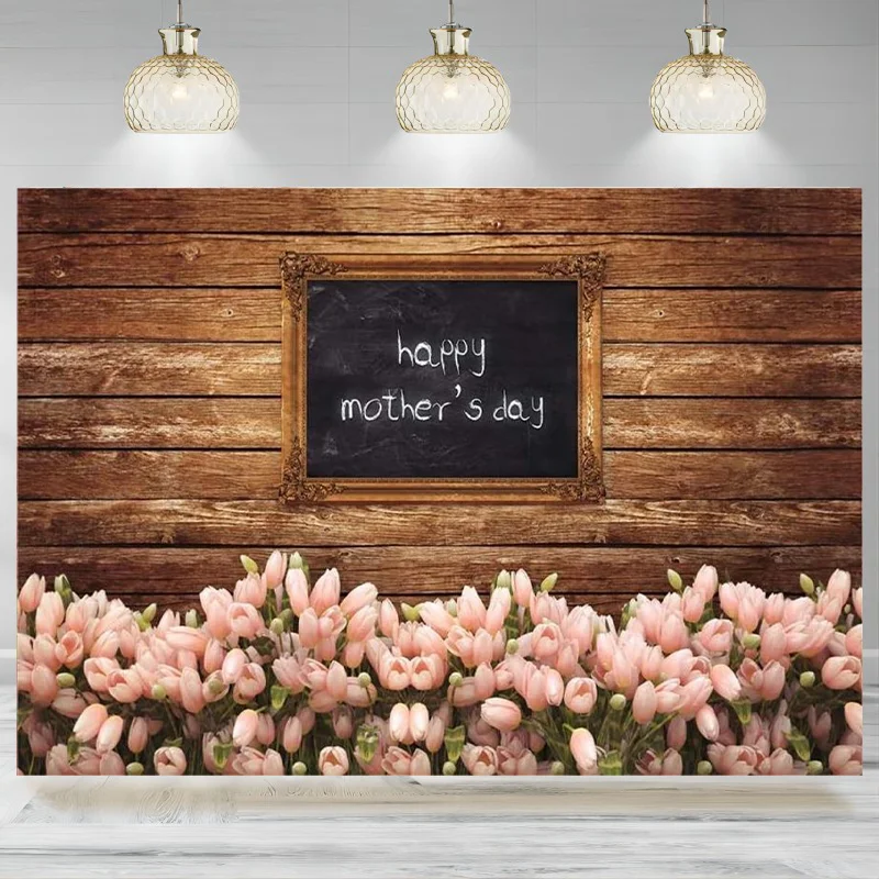 Mother's Day Tulip Flowers wood Backdrop Photography Background Decorations Party Mothers Day Photo Banner