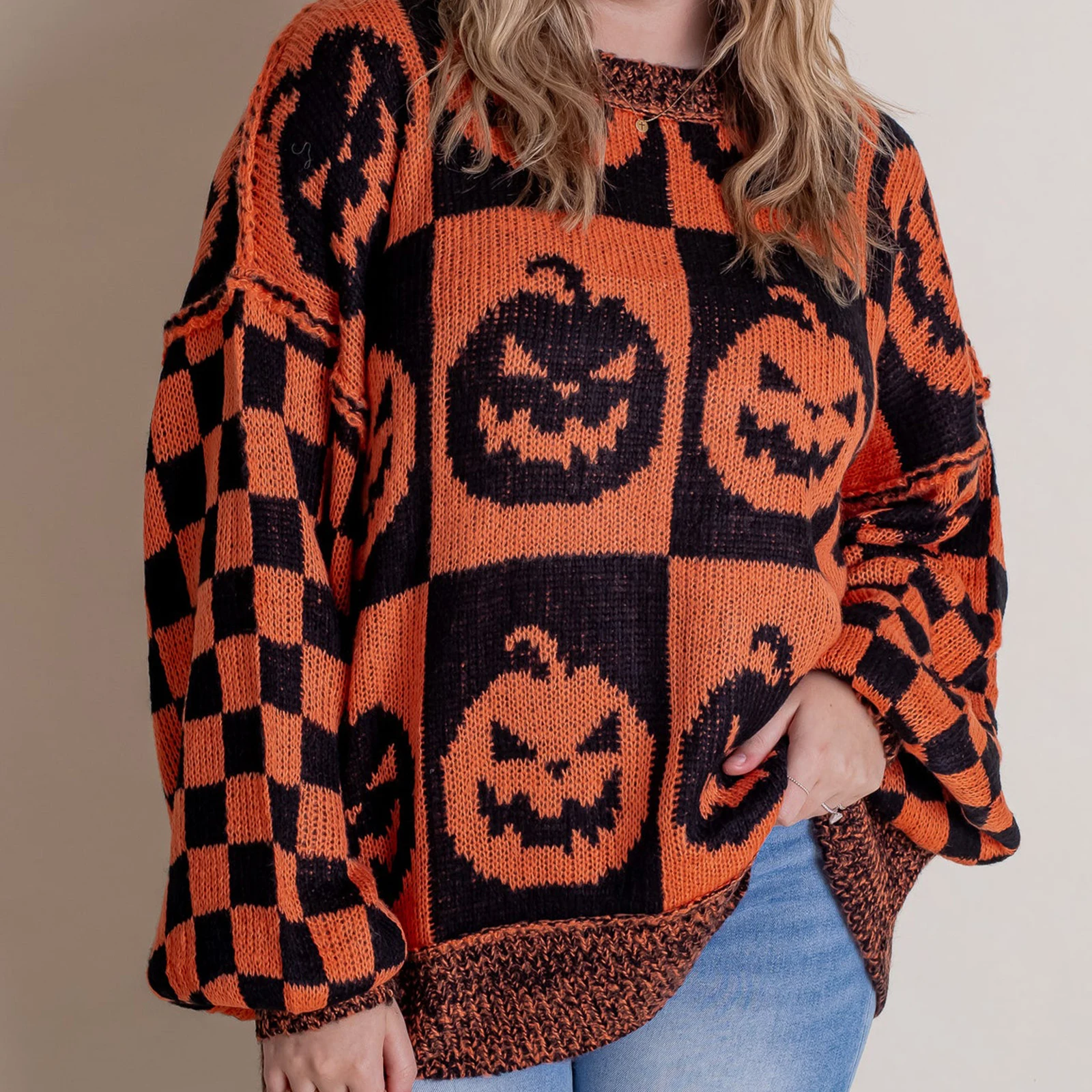 Women's Halloween/Christmas Round Neck Long Sleeve Sweaters Aesthetic Gingerbread Man Print Knit Loose Pullovers Tops