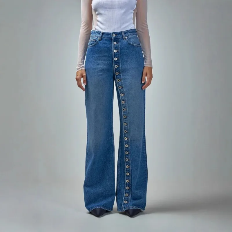 

Fashion Retro Women's Multi Button Straight Leg Denim Pants 2026 Spring New High Waisted Wide Leg Pants High Street Female Jeans