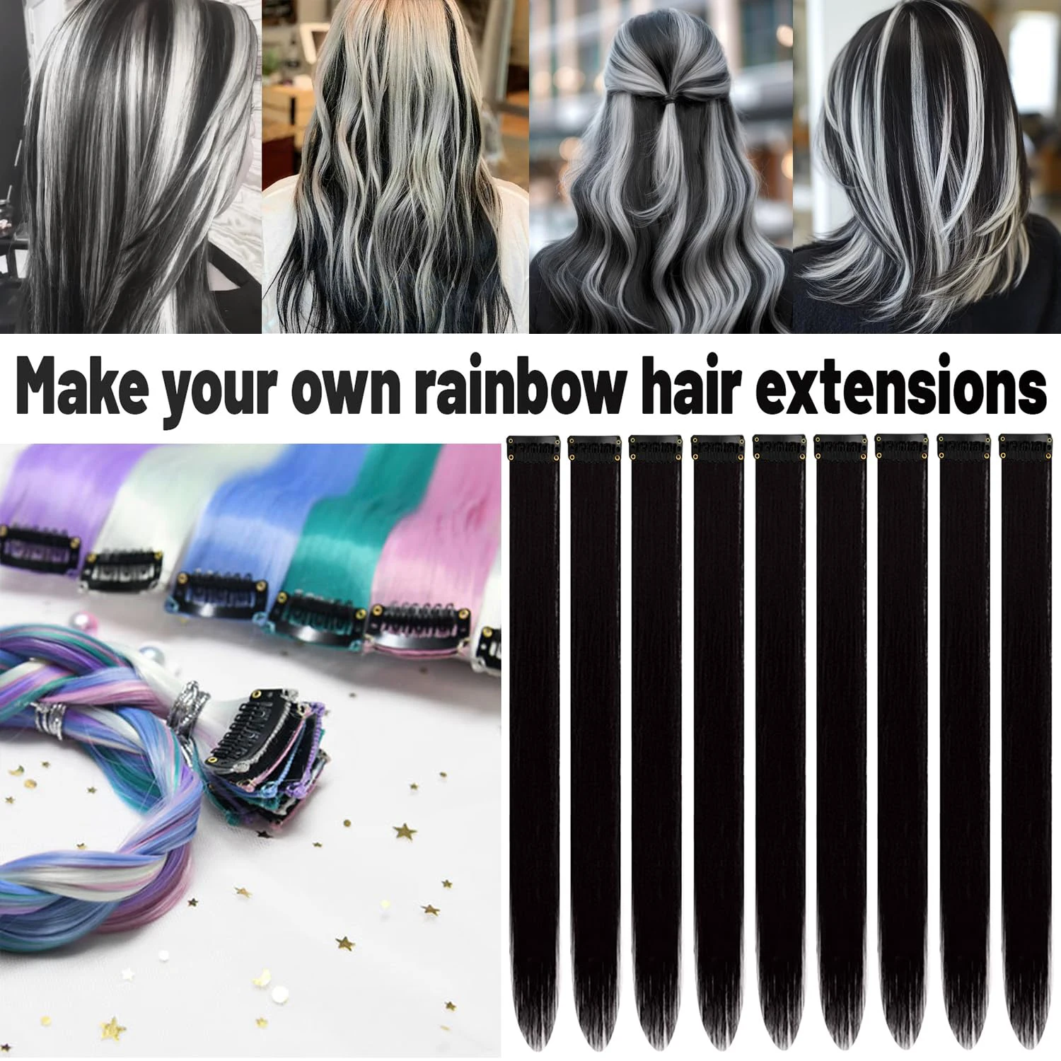 Black colored hair clip in extensions for Kids Girls and Women Gift 22 Inch Straight colored hair colorful Synthetic