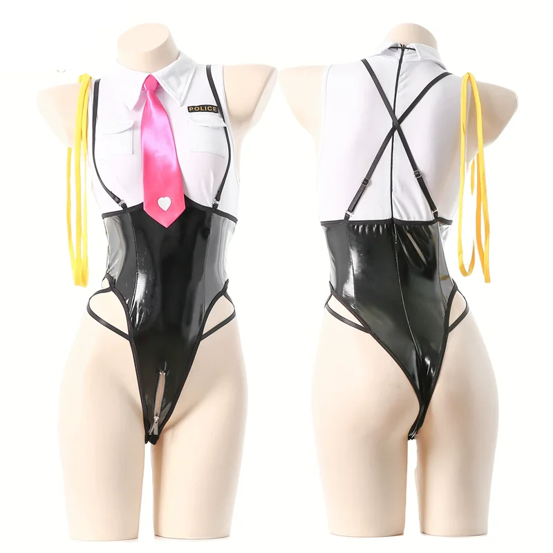

Anime Girl Police Office Uniform Women Bodysuit Outfits Cosplay Halloween Costume Pu Leather Open Crotch Role Play Underwear