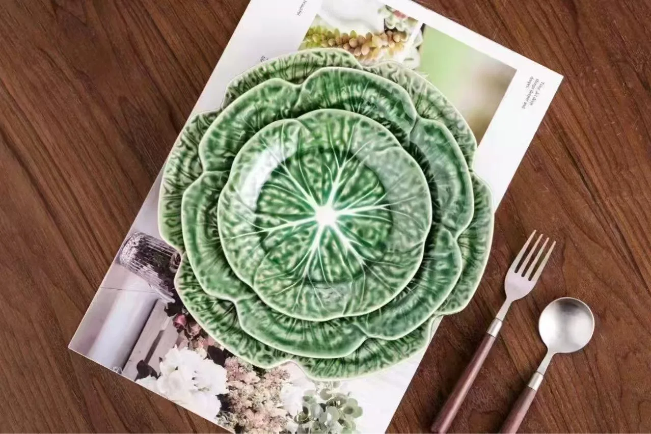 Green cabbage bowl plate 9-inch salad bowl White cabbage special-shaped rice  Lace breakfast  Solid color petal