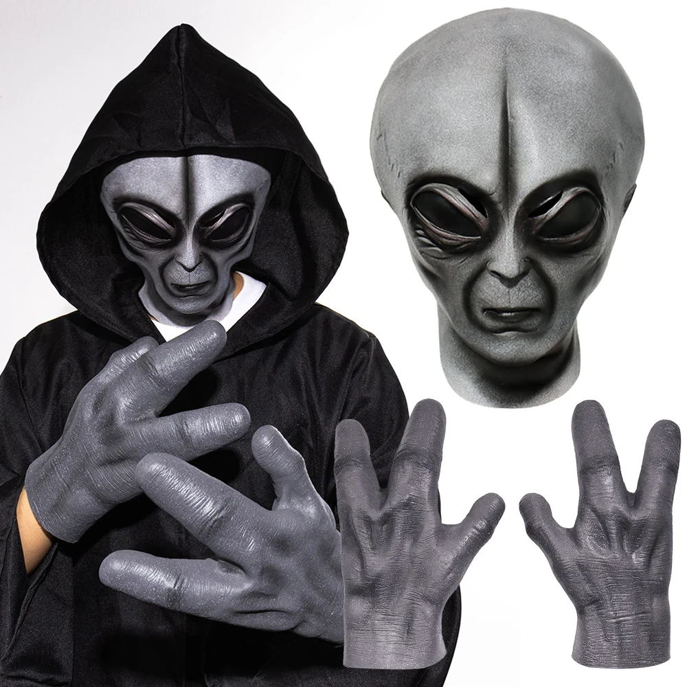 51 Area Alien Mask Gloves Cosplay UFO Big Eyes Extraterrestrial Organism Monster Latex Helmet Hands Halloween Party Costume Prop