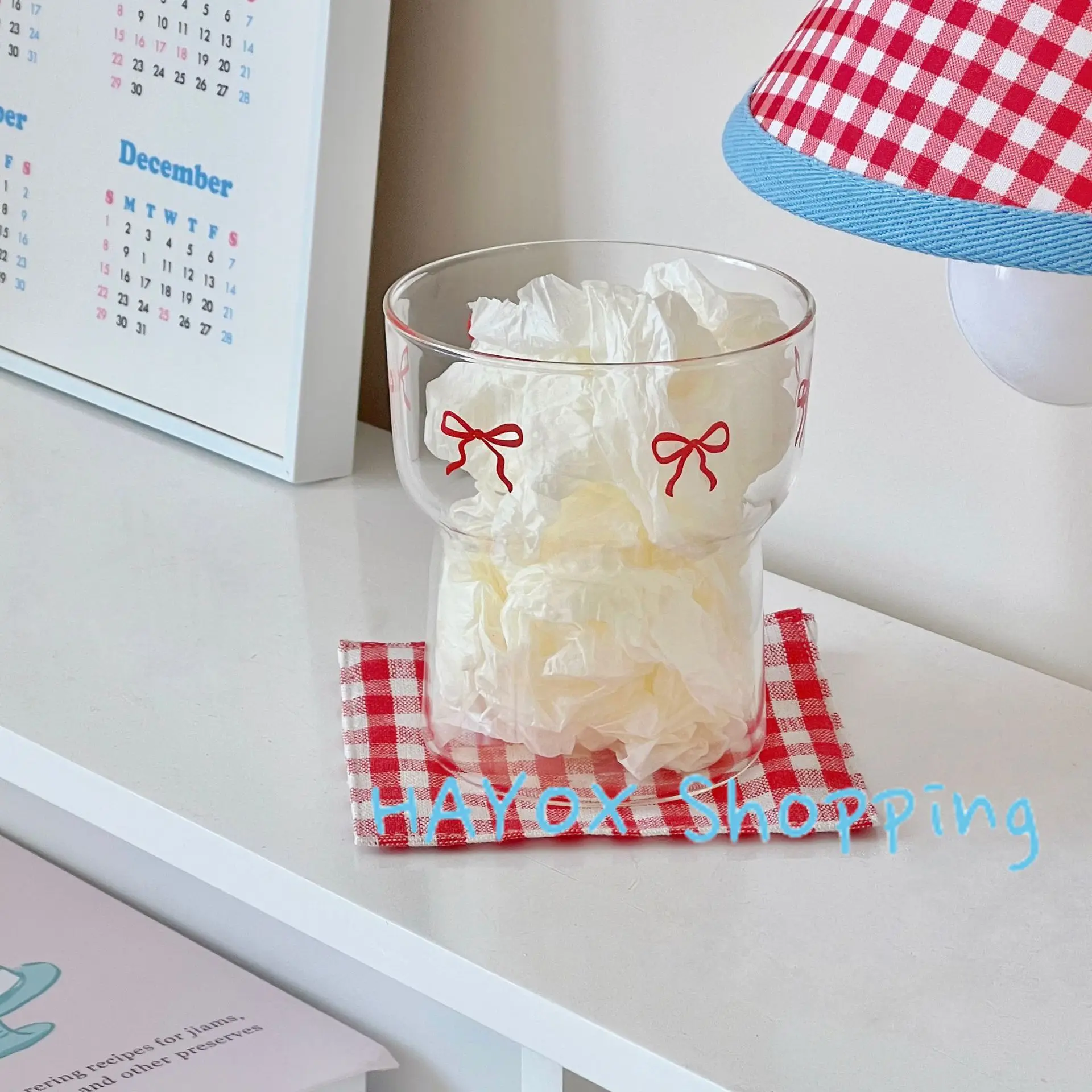 

Red Pink Bowknot Print Glass Coffee Cup，Cute Household Milk Juice Glasses ， High Heat-resistant Ice Cream Dessert Bowl Cup