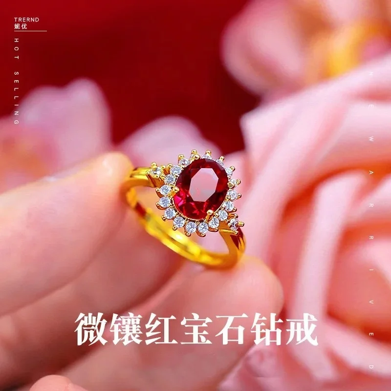9999 24K pure gold garnet gold ring with natural red crystal inlay and adjustable opening women's gold jewelry ring