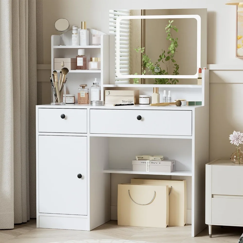 White Vanity Desk with Mirror & Light, Makeup Table with Large Drawer & Four Level Storage Dresser, 3 Lighting Modes