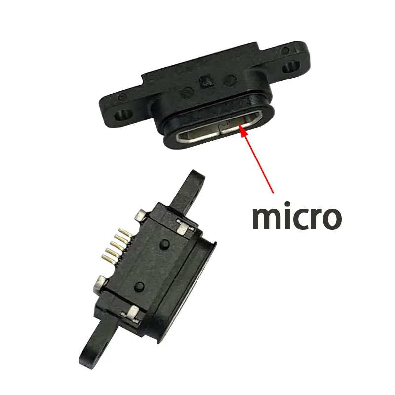 2 قطعة مايكرو USB 5pin شحن مقبس متفرع حوض ميناء 5P IP67 موصل سالب مقاوم للماء مع ثقب المسمار