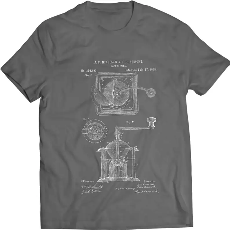 Coffee Grinder Burr Mechanical Mill Vintage Patent Tshirt Mens Gift Idea 100% Cotton Birthday Present