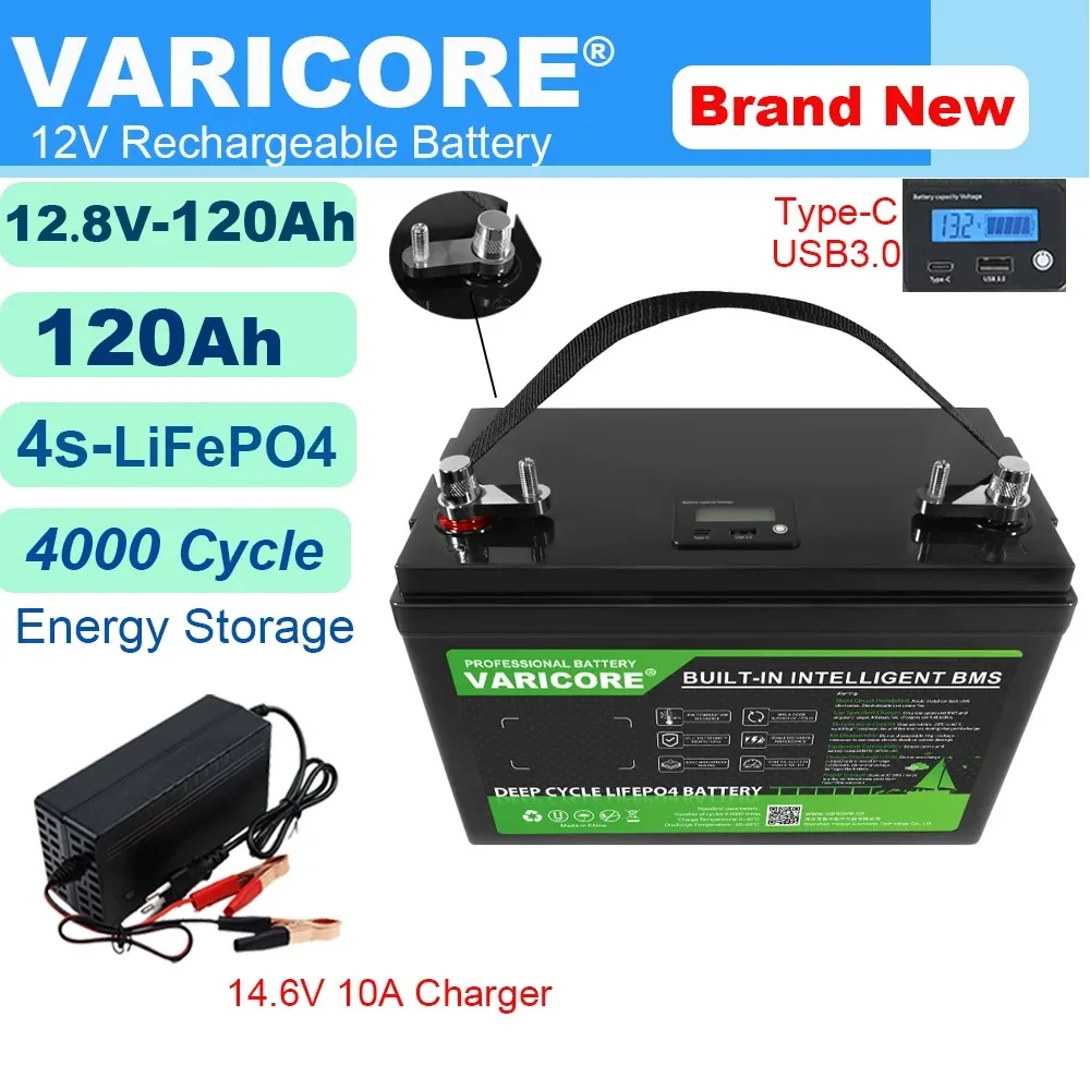 Varicore 12.8v 120ah usb 3.0 tipo-c 12v lifepo4 bateria de lítio 6000 ciclos para inversor carro mais leve 14.6v carrinho de golfe duty-free