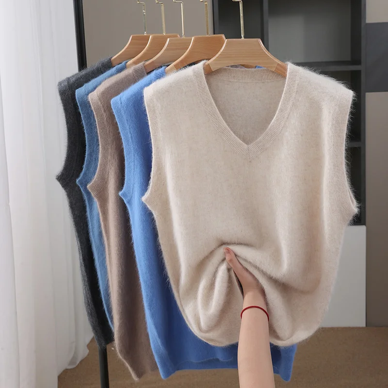 Sweater Vest Men Mink Cashmere V-neck Sleeveless Knitted Sweaters Vests Solid Color Simple Chic Loose Casual All-match Tank