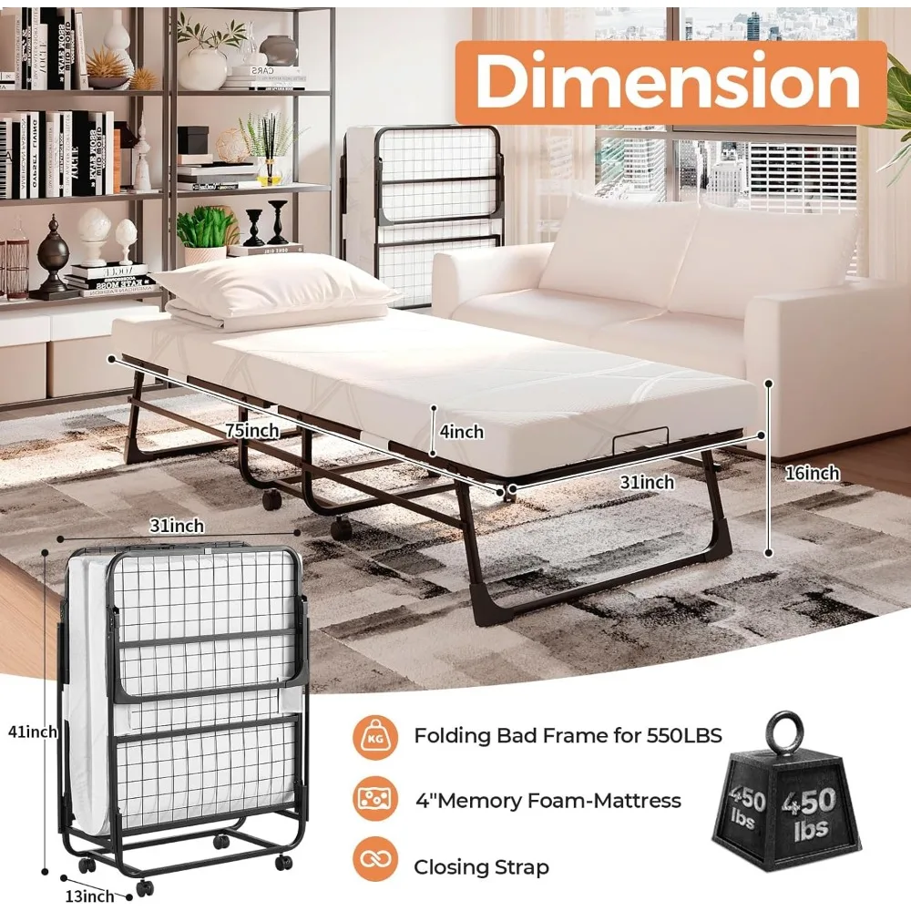 Materac z pianki memory składany - łóżko rozkładane 75x31 dla dorosłych, przenośne i oszczędzające miejsce, wytrzymała metalowa rama z kółkami, idealny