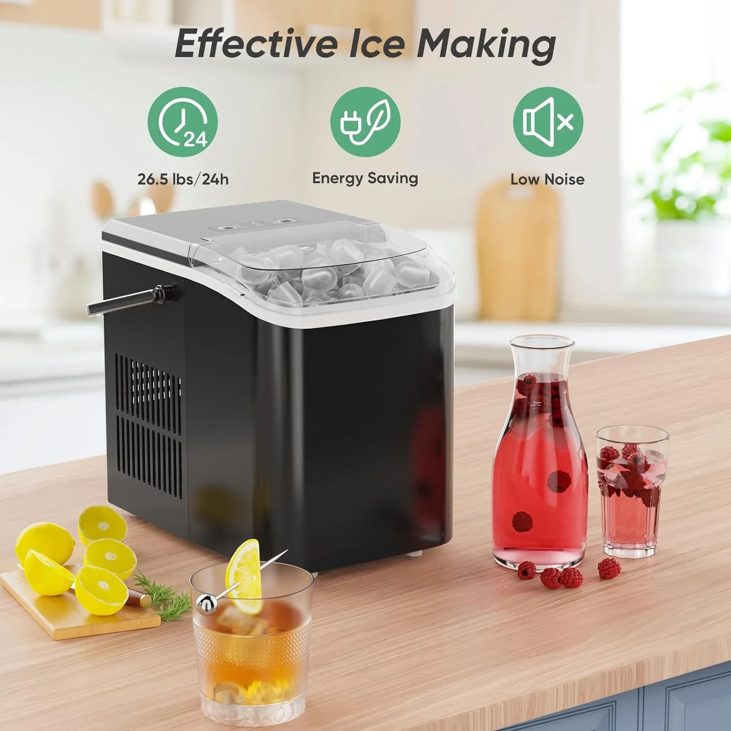 Efficient Countertop Nugget Ice Maker Machine, 9 Ice Cubes Produced in just 6 Minutes, 26.5lbs of Ice in 24 Hours, Convenient Se