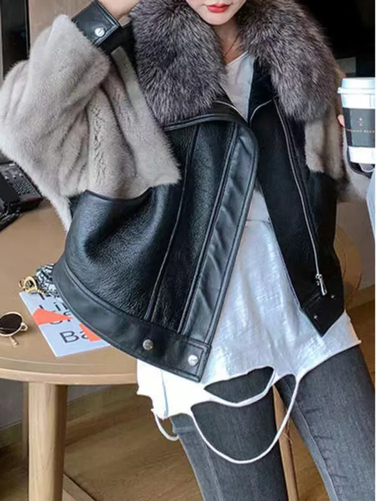 DEAT Block Color Faux Fur Spliced Neck Coat For Women Lapel Long Sleeve Patchwork Zipper Buttons Overcoat Female 2024 New 15C559