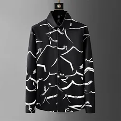 British Style Printed Men's Shirt Long Sleeve Loose Casual Shirts Men Clothing 2024 Autumn Business Social Party Tuxedo Blouse