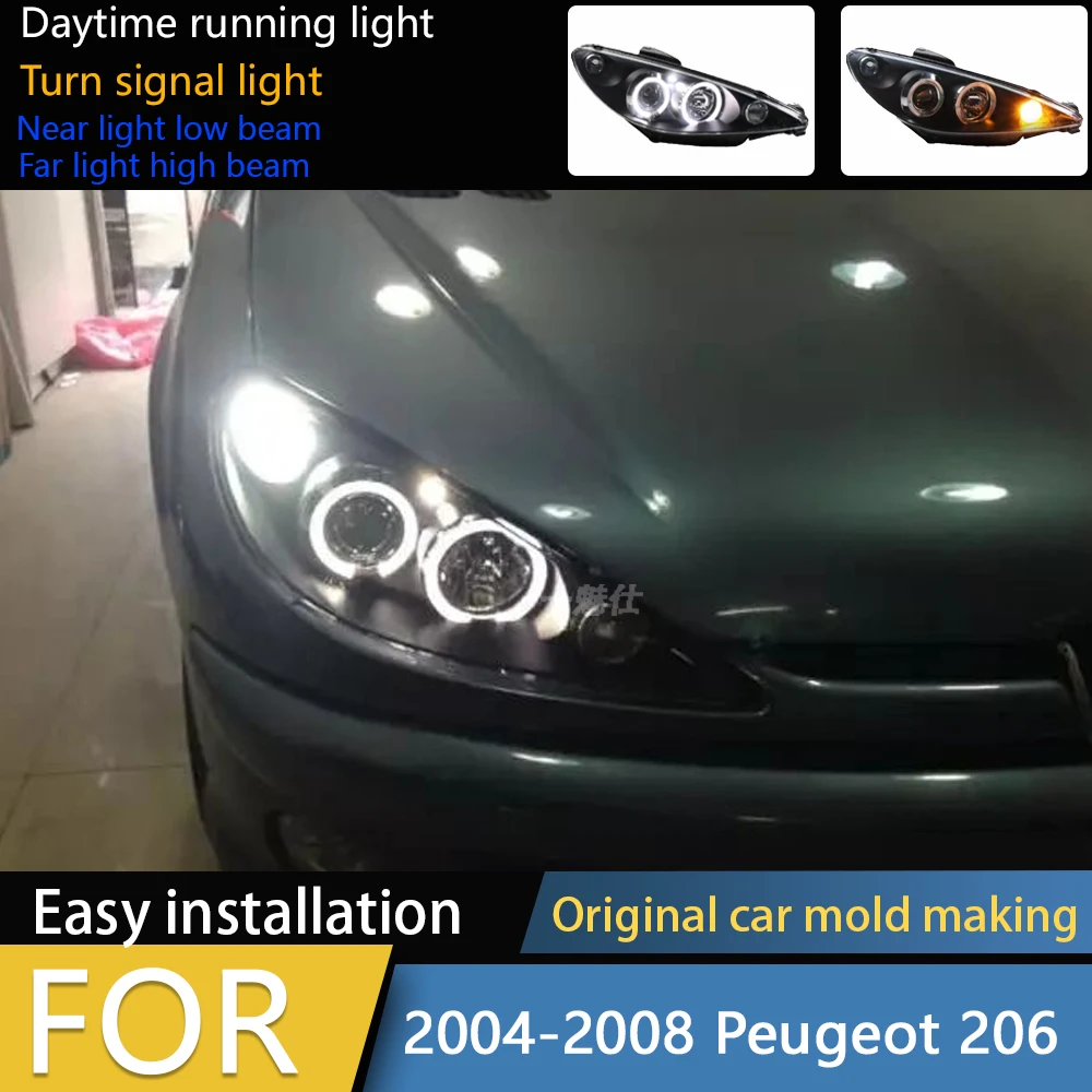 

Автомобильные фары для Peugeot 206 2004-2008 гг., светодиодные фары DRL, DRL, указатель поворота, дальний свет, ксеноновые линзы для проектора «ангельский глаз»