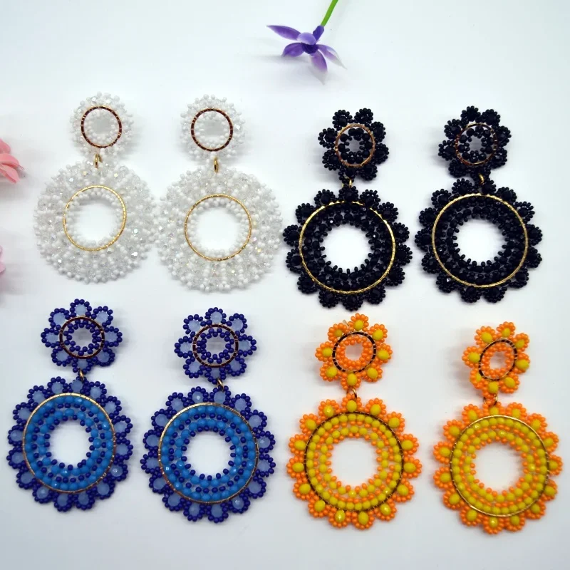 Bohemia Rice Bead Earrings Multicolored Crystal Circle Hollowed-out Hand-woven Alloy Versatile Original Design Beaded Jewelry