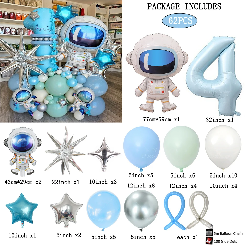 62pcs Outer Space Theme Party Astronaut Balloon 1-9Number Foil Balloons Boy Birthday Party Decorations Kids Baby Shower Gift