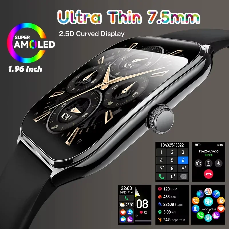 

New Ultra Thin Smart Watch Men 1.96" AMOLED Curved Display Always Show Time BT Call Heart Rate Smartwatch Ladies For IOS Android