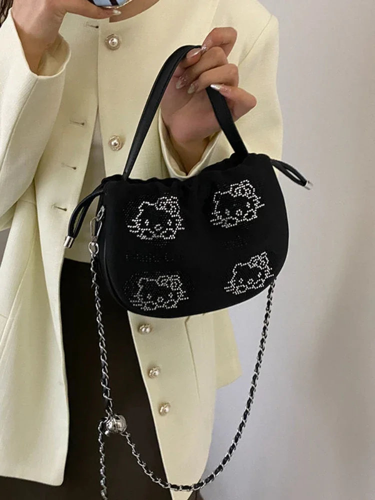 Sanrio Hello Kitty Cartoon Shoulder Cloth Bag Pumpkin Diamond-Embedded Fashion Pull-Belt Handbag Anime Bags for Hot Girls Women