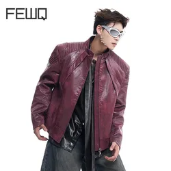 FEWQ Men's Niche Pleated Design Short Shoulder Padded PU Leather Spliced 2024 Solid Color Long Sleeve Male Tops 24E2857