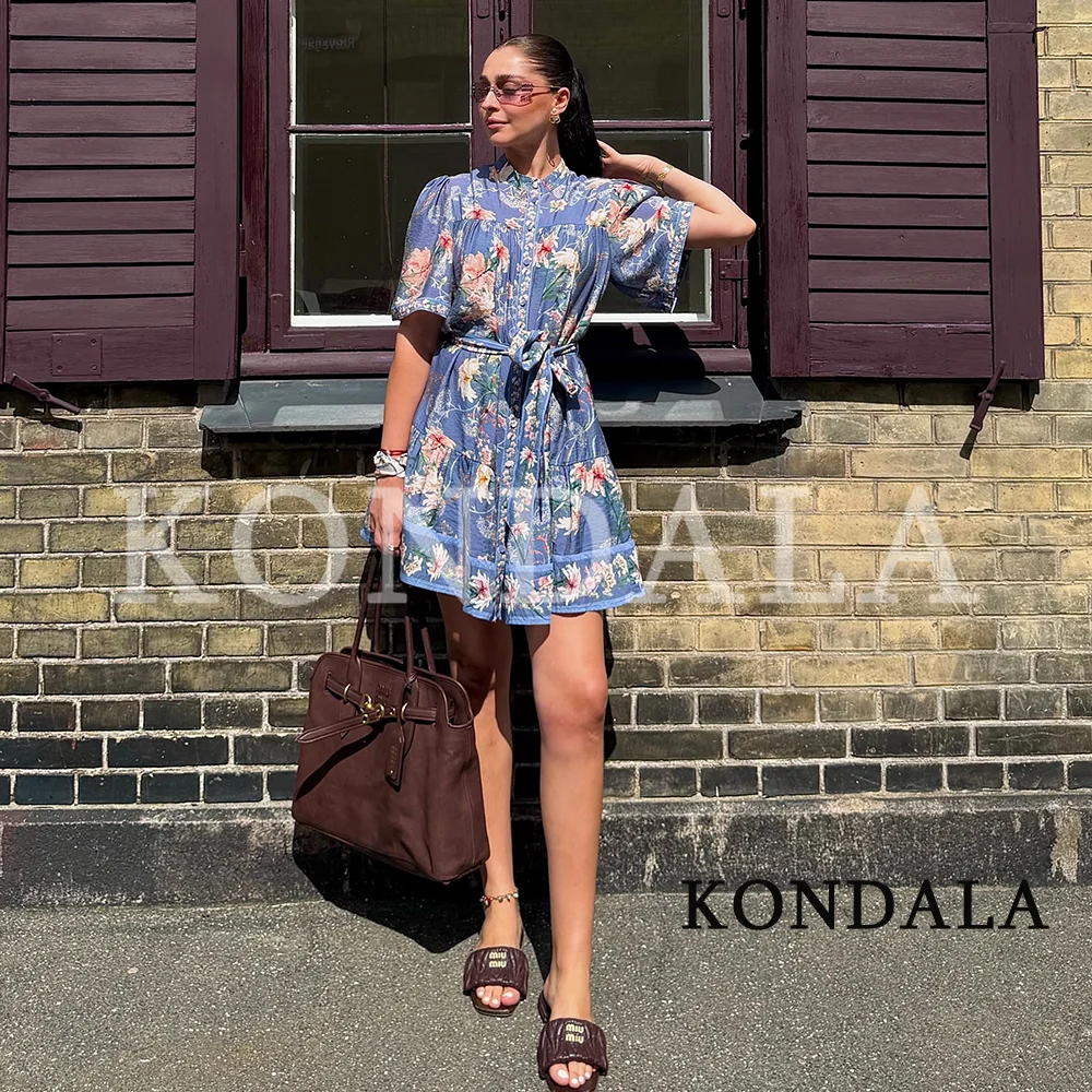 KONDALA Damen Boho-Kleid mit Gürtel und Aufdruck, Kurzarm, Sommer 2026, Trendiges Vintage-Kleid mit Knöpfen vorne