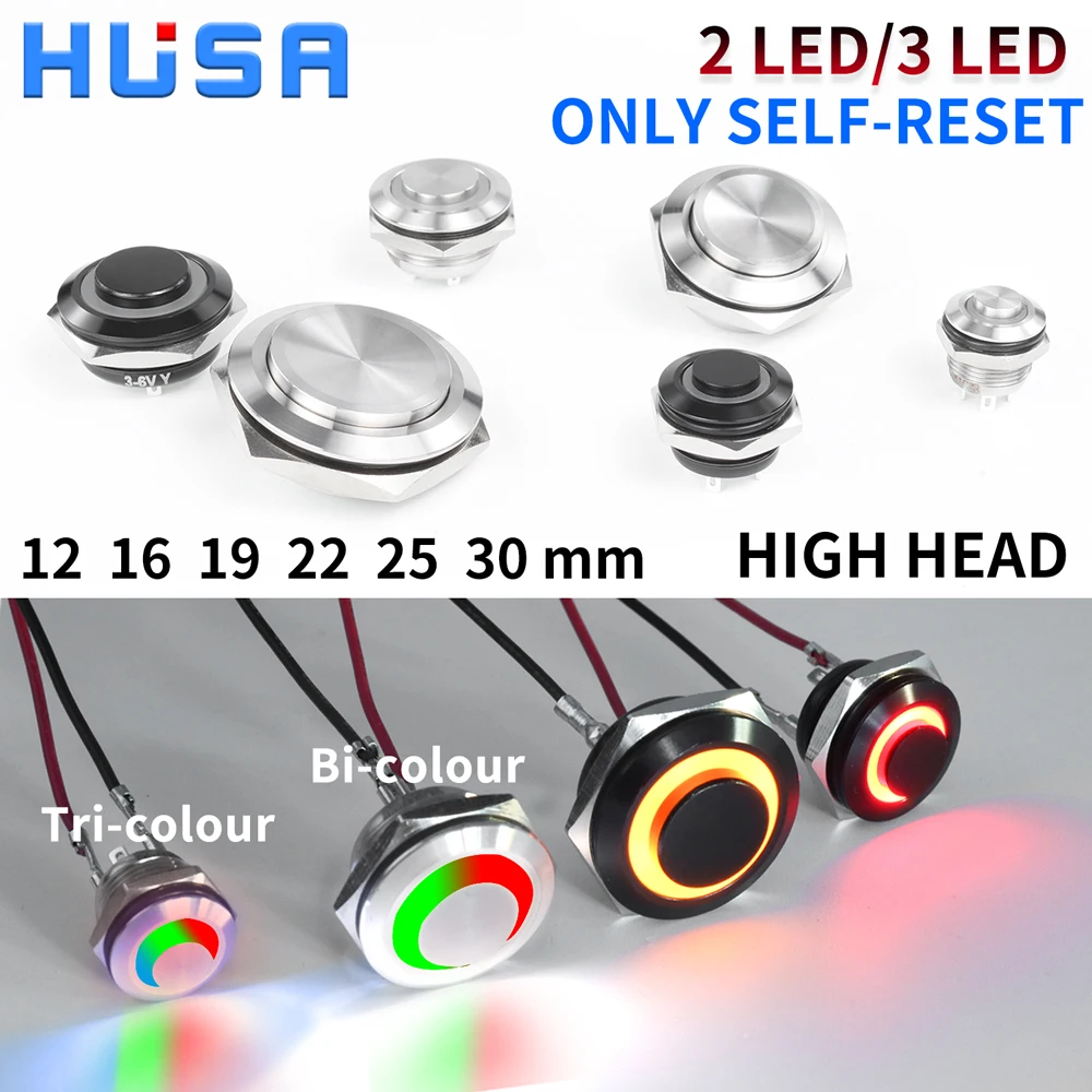 12/16/19/22/25mm wysoka głowica Bi/tri-LED RGB krótki skok wodoodporny metalowy przełącznik wciskany dioda LED zasilania chwilowe 5/12/24V