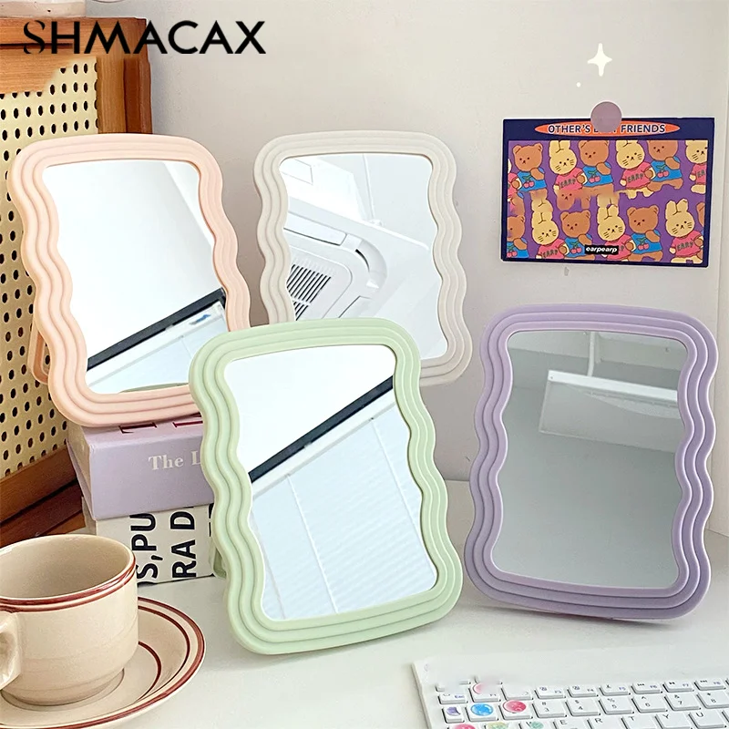 Corrugated Desktop Makeup Mirror Solid Color Simple Portable Handheld Makeup Mirror Foldable Student Compact Cute Mirror