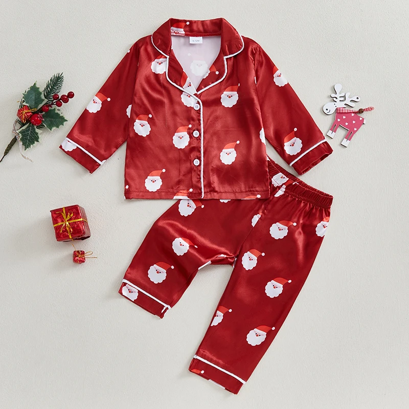 Toddler Girls Christmas Pajamas Set Santa Print Shirts Tops Long Pants 2 Pieces Lounge Suit Sleepwear