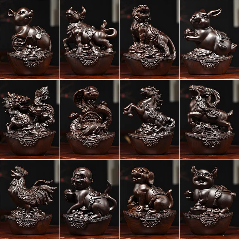 New Chinese Styl Ebony Wood Carved Twelve Zodiac Ornaments Made Of Solid Wood Home Decoration Accessories Natural