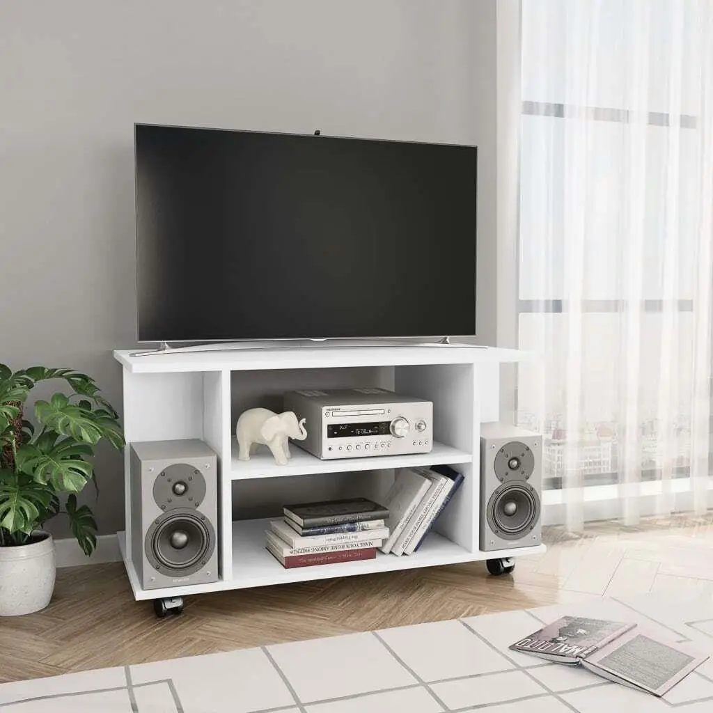 White TV Cabinet on Wheels 80x40x45 cm - Stylish Engineered Wood Storage Unit