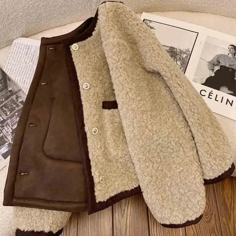 Lucyever Autumn Winter Lamb Wool Jacket Women Korean Thicken Contrast Short Plush Outwear Female Vintage Loose Long Sleeve Coat