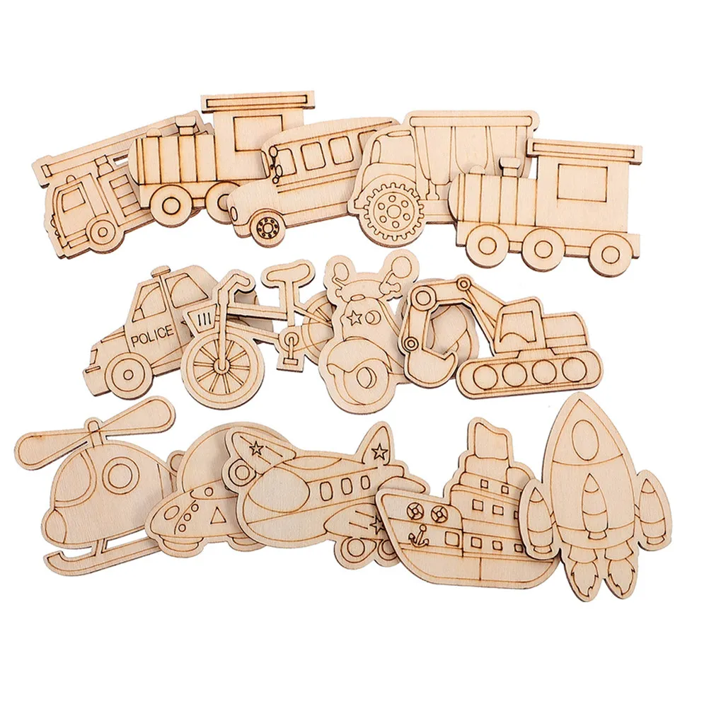 100Pcs Unpainted Wooden Vehicle Cutouts Smooth Wood Shapes for Kids Painting DIY Crafts Train Bike Plane