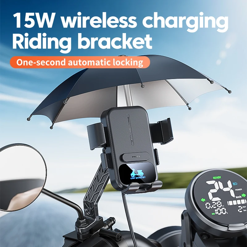 Bloqueo automático impermeable del soporte del teléfono de la motocicleta de la carga inalámbrica 15W, 360 °   Rotación con sombrilla y a prueba de golpes para navegación