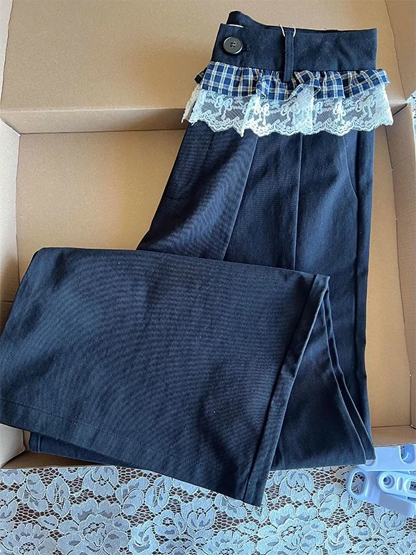 

High Waist Plaid Lace Trim Denim Pants Women's Spring Summer Korean Style Ageless Grid Pattern Long TrousersSophieBorg