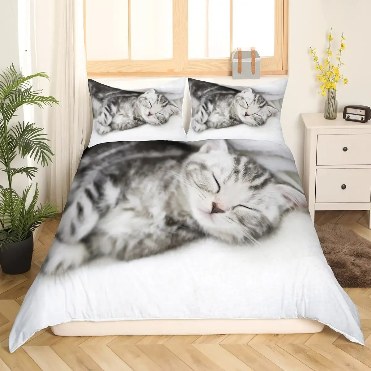Cat Duvet Cover Set, Black Cat Silhouettes in Different Poses Decorative 3 Piece Bedding Set with 2 Pillow Shams,Queen Full Size