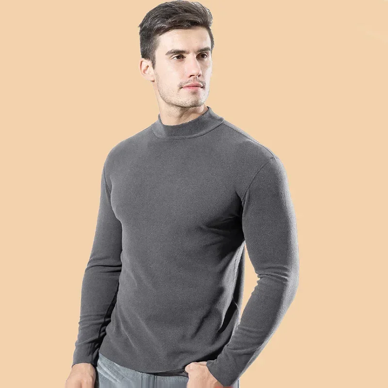 Men T-shirt Long Sleeve 2023 Autumn Winter Keep Warm Tees Solid Color Bottoming Shirt Half Turtleneck Male Casual Tops Pollovers