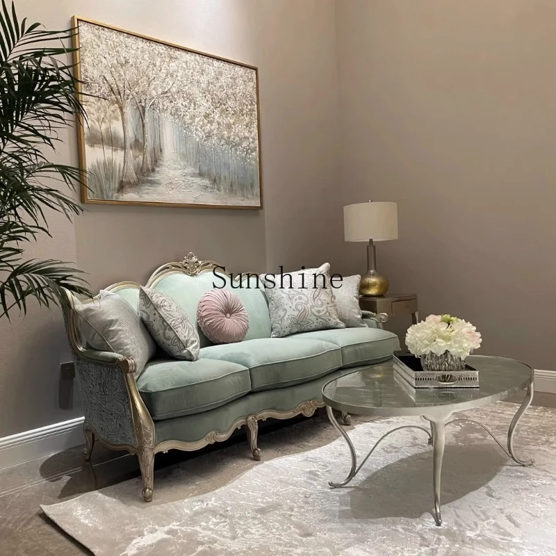 

American light luxury fabric three-person luxury modern full solid wood carving flower living room sofa chair