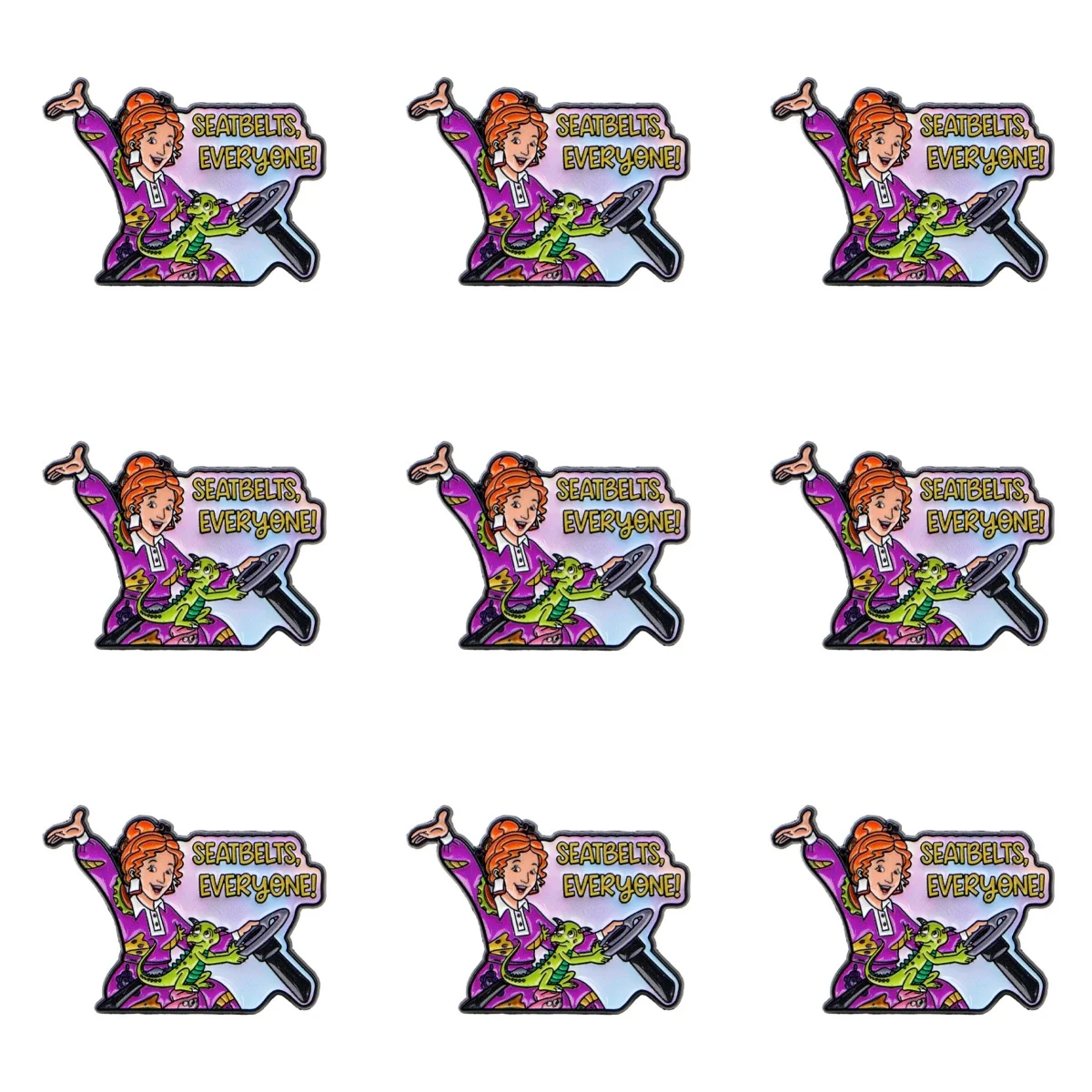 9-teiliges Emaille-Pin-Set mit „Seatbelts Everyone“-Zitat, Cartoon-Schulbus-Brosche für Mantelkragen, Reversnadeln, Metallabzeichen, Schmuckgeschenk
