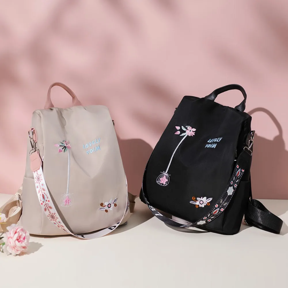 Waterproof Embroidery Backpack Large Capacity Zippered Student School Bag Anti-theft with Shoulder Strap Travel Knapsack