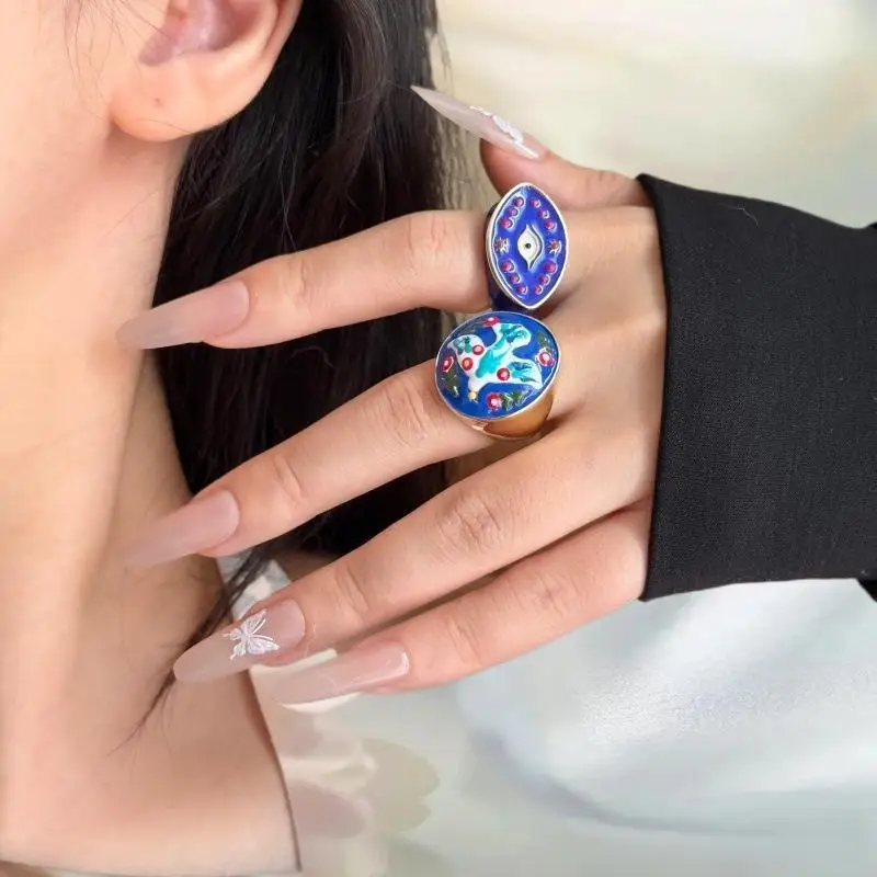 مبالغ فيها خمر المينا رأس الحصان الطيور رسمت عين الشيطان واسعة حلقة مفتوحة أنيقة اكسسوارات مجوهرات للنساء هدية #5