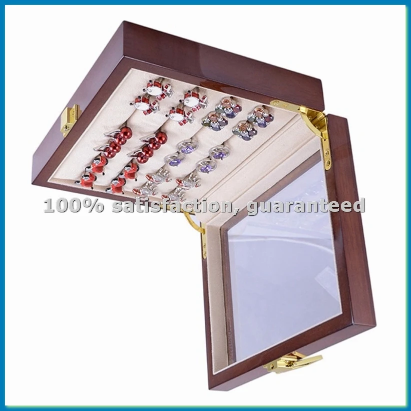 Glass Cufflinks Box for Men Painted Wooden Collection Display Box Storage 12Pairs Capacity Rings Jewelry Box-AT35