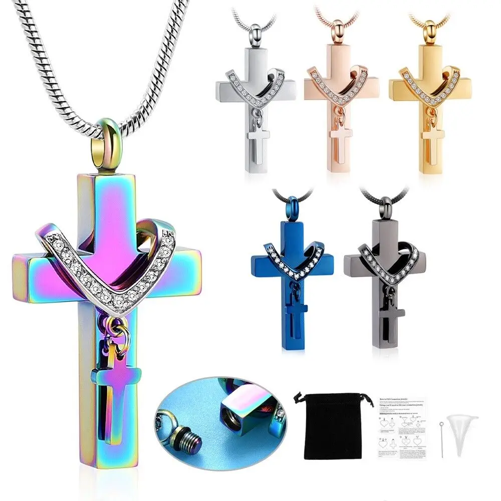 

Double Cross Cremation Ashes Pendant For Human/Pet Ashes Small Urn Necklaces Stainless Steel Memorial Keepsake Jewelry Men Gift