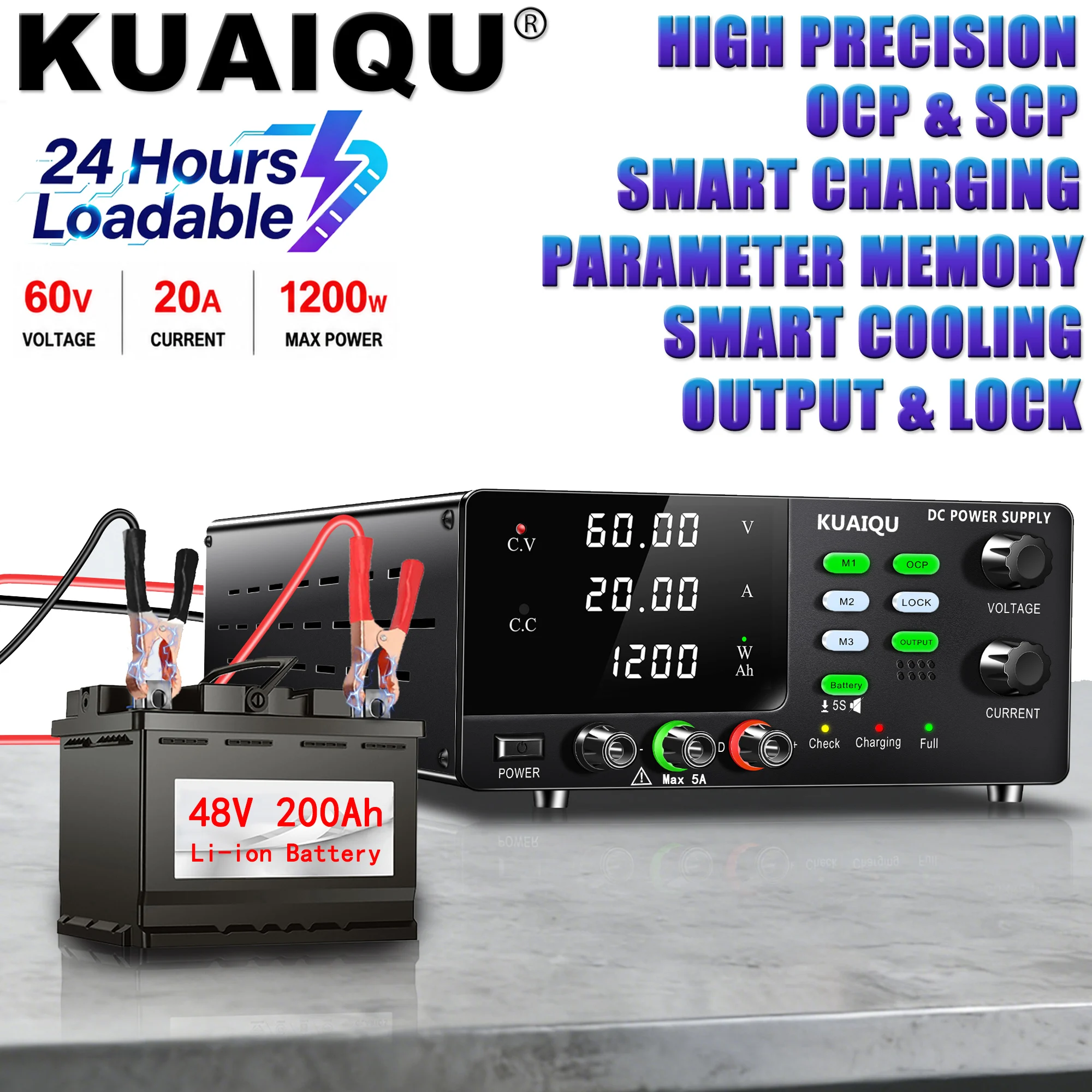 60V 20A 1200W DC Bench Power Supply Smart Battery Charger Adjustable Laboratory Power Supply with OCP SCP Memory Output Lock