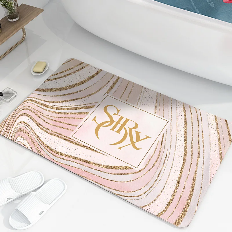 Pink Bathroom Mat Diatom Mud Foot Pad Light Luxury Marble Pattern Carpet Quick Drying Gold Thread Decoration Mat Home Decor Rugs