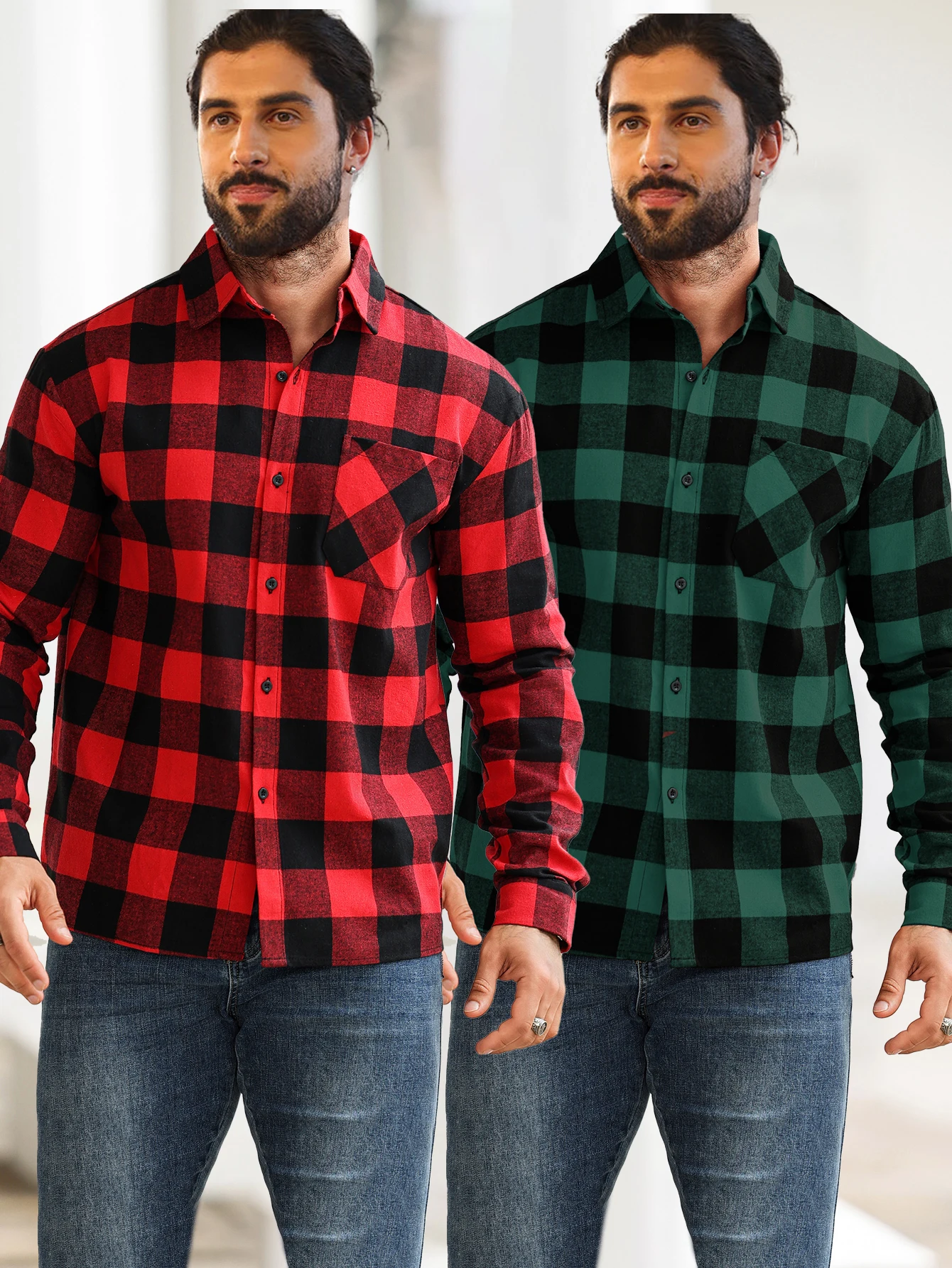 2-Piece Men's Multi-Pattern Plaid Shirt with Color Block Design, Single-Breasted with Pockets, Suitable for Layering or Wearing