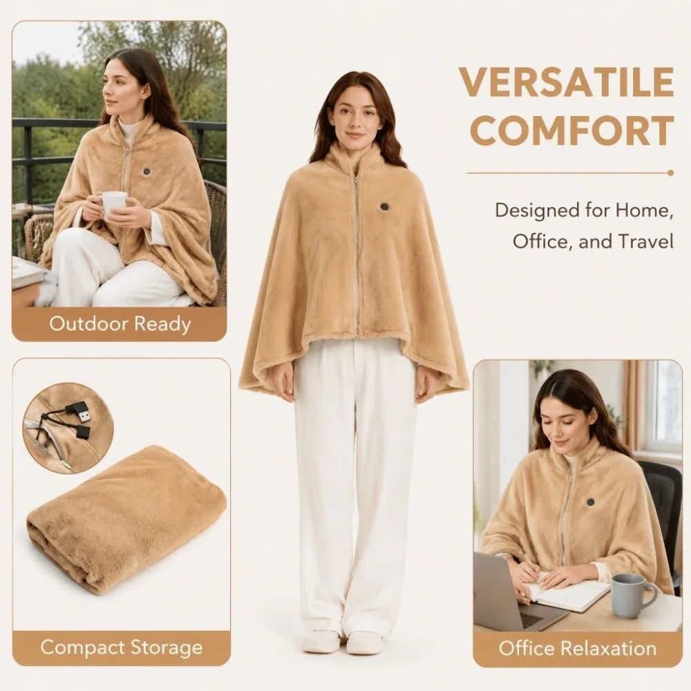 Zipper Design Electric Shawl Blanket Double-Layer Warm-keeping USB Shawl Blanket Convenient Thickened Plush Shawl for 10W/5V